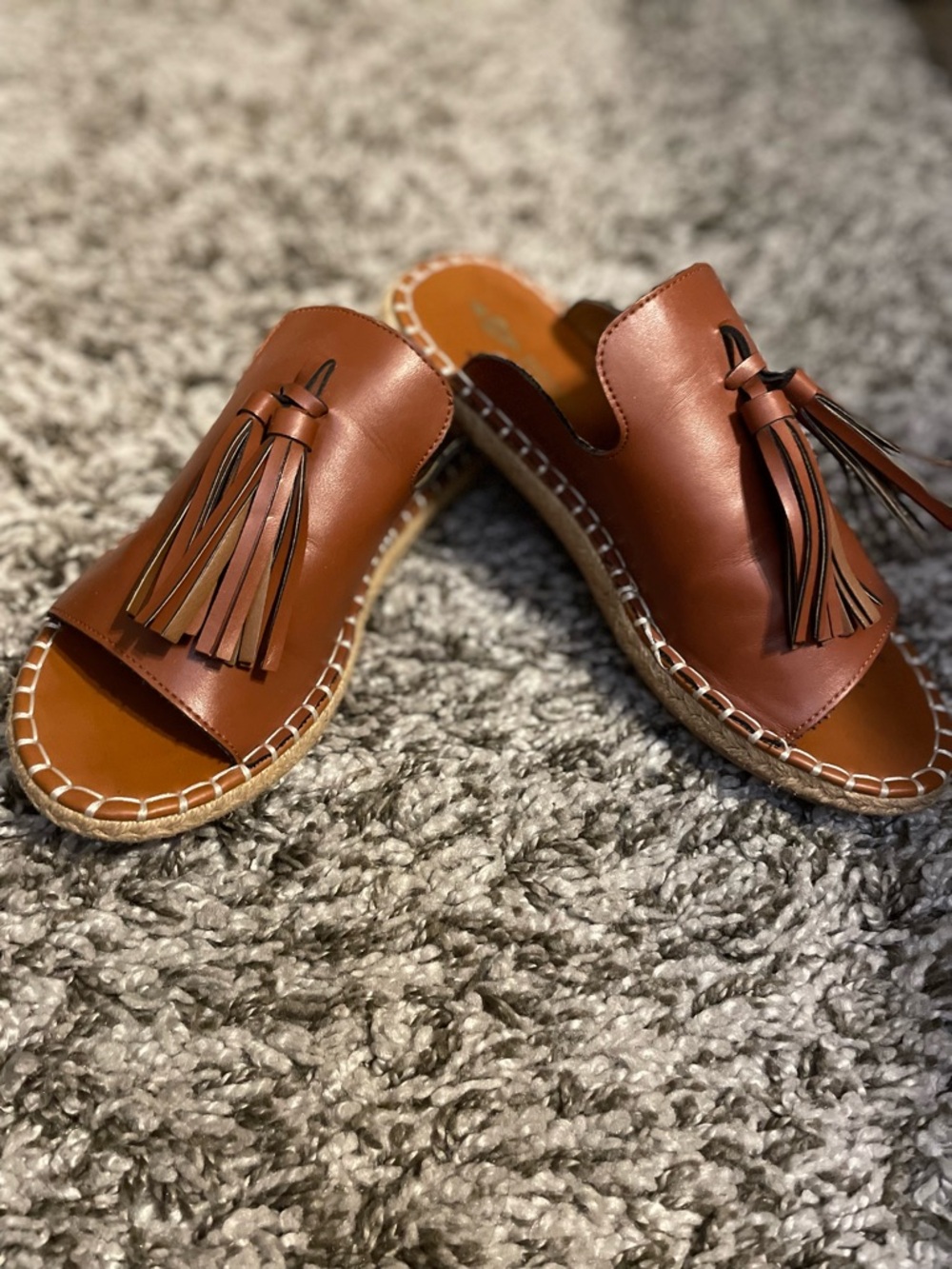 Women's Brown Leather Tassel Slide Sandals